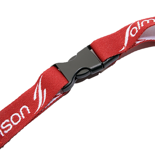 Nastri da collo personalizzato in tessuto jacquard rosso con sgancio. Particolare