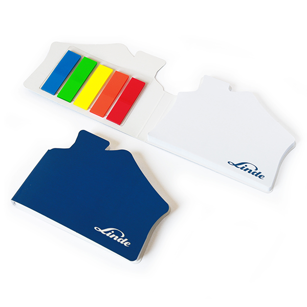Bespoke home shaped sticky notepad with index flags. Linde subject