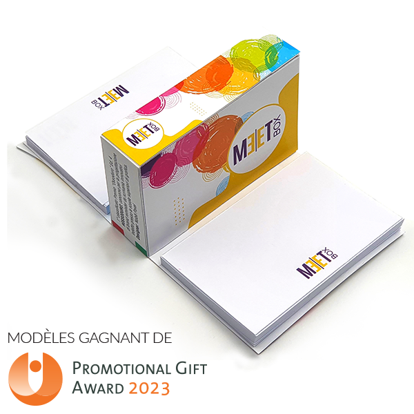 Meet Box est un tout nouveau modèle d'objet promotionnel composé de 2 post-it contenus dans un étui personnalisé à l'imitation du produit.