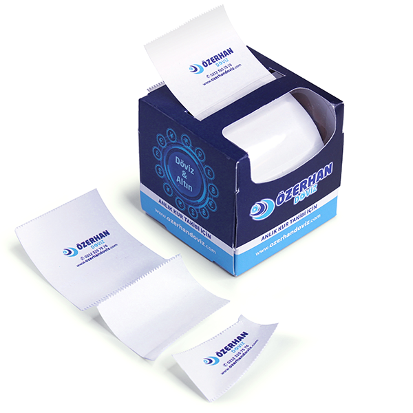 Rotolo roller distributore di etichette di carta a strappo con astuccio personalizzato. Soggett Ozerhan
