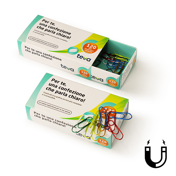 Portafermagli magnetico. Astuccio ad imitazione del farmaco, gadget personalizzato in quadricromia con immagine del prodotto. Formato standard mm 100x50x25. Fornito con 50 graffette metalliche. Chiedi anche il formato su misura. porta fermagli soggetto teva