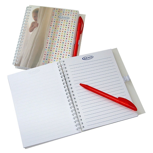 Quaderno A5 con spirale copertina PPL e penna, gadget personalizzato esempio con logo Graco